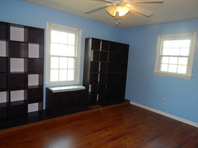 spare room with plenty of natural light, baseboards, and wood finished floors