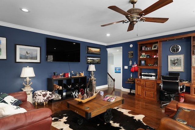 living area with ceiling fan, dark wood-style floors, baseboards, and ornamental molding