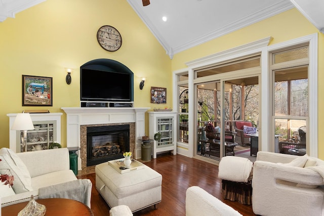 living area featuring high vaulted ceiling, ornamental molding, a ceiling fan, wood finished floors, and a high end fireplace