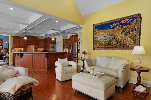 living area with beamed ceiling, dark wood-type flooring, coffered ceiling, crown molding, and baseboards