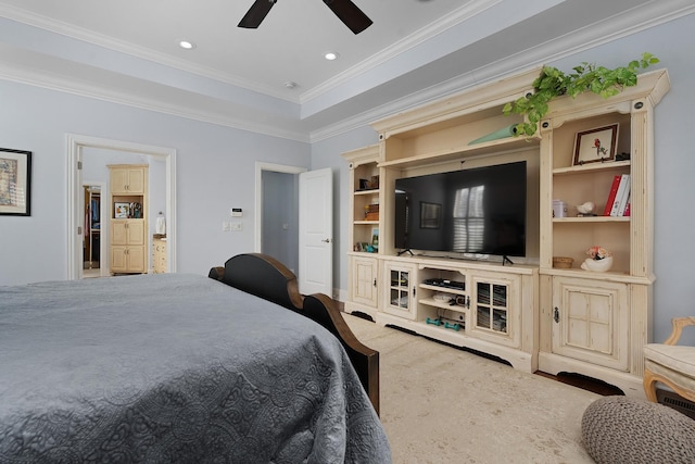 bedroom featuring a ceiling fan, a raised ceiling, recessed lighting, and ornamental molding