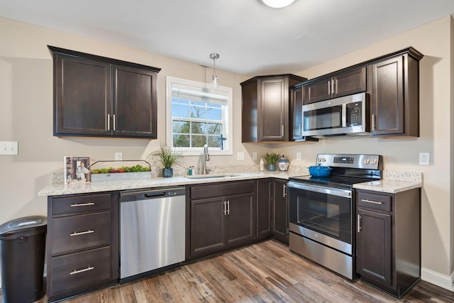 kitchen featuring a sink, dark brown cabinetry, wood finished floors, and stainless steel appliances