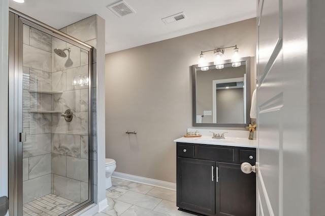 full bath featuring a shower stall, baseboards, visible vents, and marble finish floor