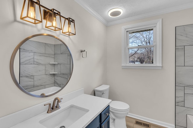 full bathroom with baseboards, visible vents, ornamental molding, a textured ceiling, and toilet