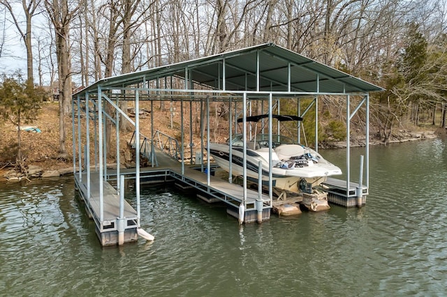 dock area featuring boat lift and a water view