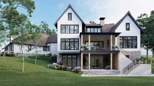 back of property featuring stairway, a yard, brick siding, a chimney, and a patio area