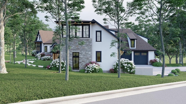 tudor-style house with a garage, stone siding, and a front lawn