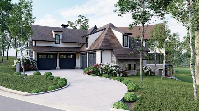 view of front of home featuring a front lawn, concrete driveway, stone siding, and roof with shingles