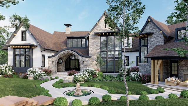 view of front facade featuring stone siding, a chimney, and a front lawn