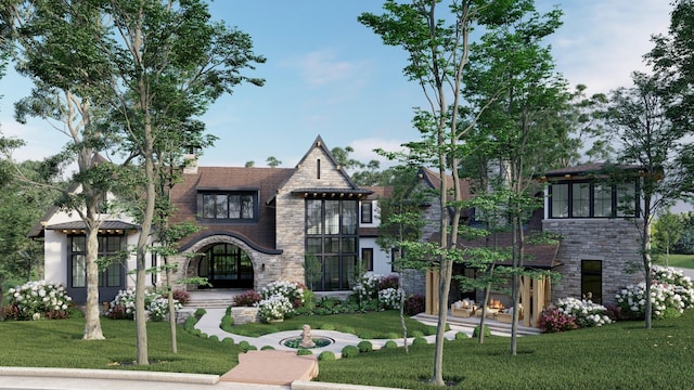 english style home featuring a front lawn and stone siding