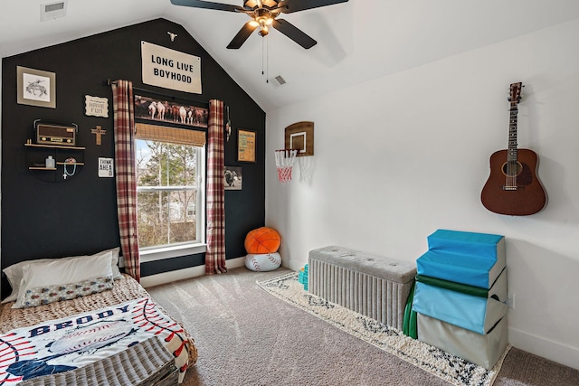 carpeted bedroom with visible vents, baseboards, a ceiling fan, and vaulted ceiling