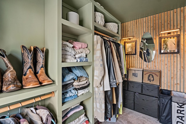 walk in closet with carpet