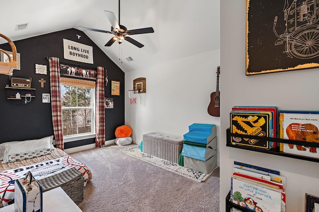 bedroom featuring lofted ceiling, carpet flooring, baseboards, and visible vents