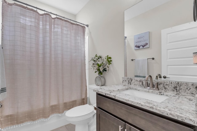 bathroom featuring toilet, vanity, and shower / bath combination with curtain