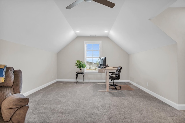 office with a ceiling fan, baseboards, lofted ceiling, recessed lighting, and carpet flooring