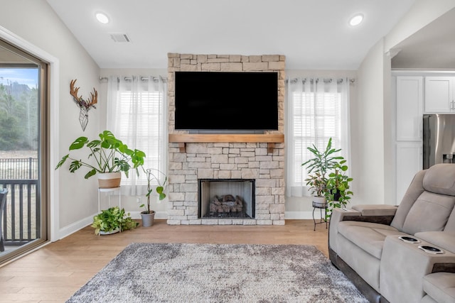 living room featuring baseboards, wood finished floors, and a fireplace