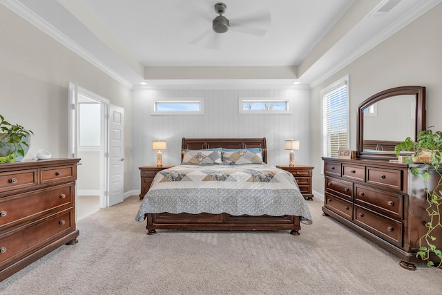 bedroom featuring light colored carpet, ceiling fan, and ornamental molding