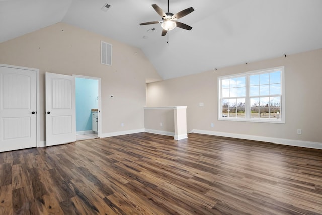 unfurnished living room featuring visible vents, lofted ceiling, ceiling fan, and wood finished floors