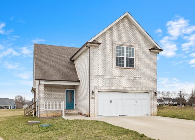 traditional home with brick siding, a shingled roof, a front lawn, a garage, and driveway