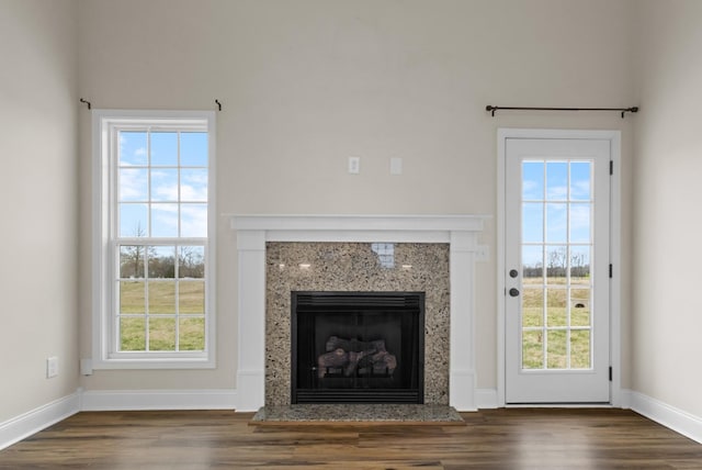 details with baseboards, wood finished floors, and a high end fireplace