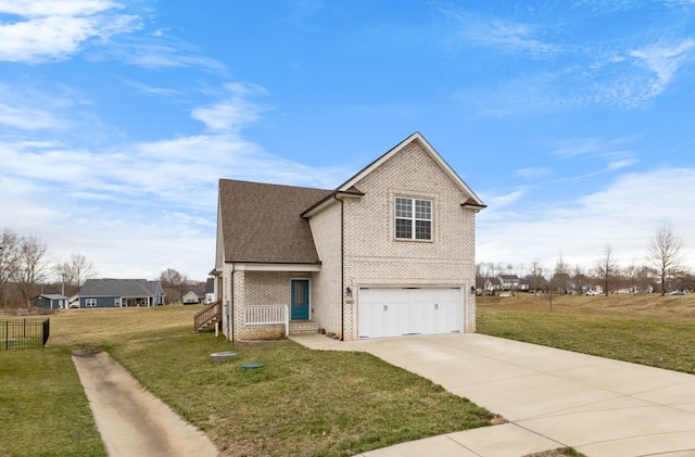 exterior space with brick siding, a lawn, driveway, and a garage