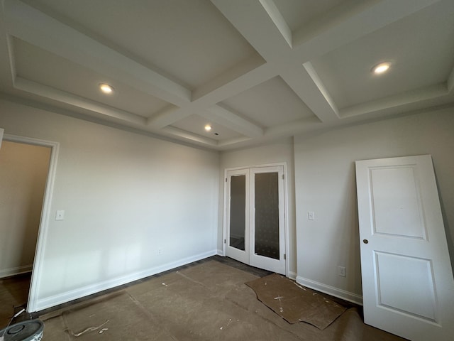 spare room featuring recessed lighting, french doors, baseboards, and coffered ceiling