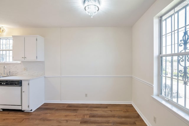 kitchen with tasteful backsplash, plenty of natural light, dishwasher, and dark wood-style flooring