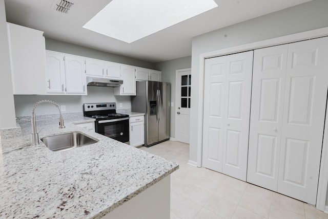 kitchen with visible vents, under cabinet range hood, a skylight, stainless steel appliances, and a sink