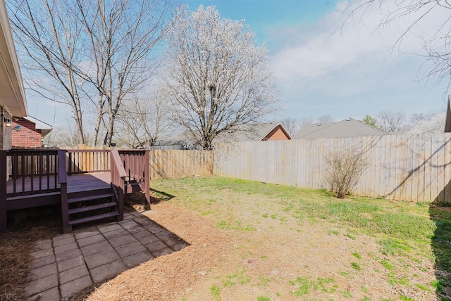 view of yard with a wooden deck and a fenced backyard