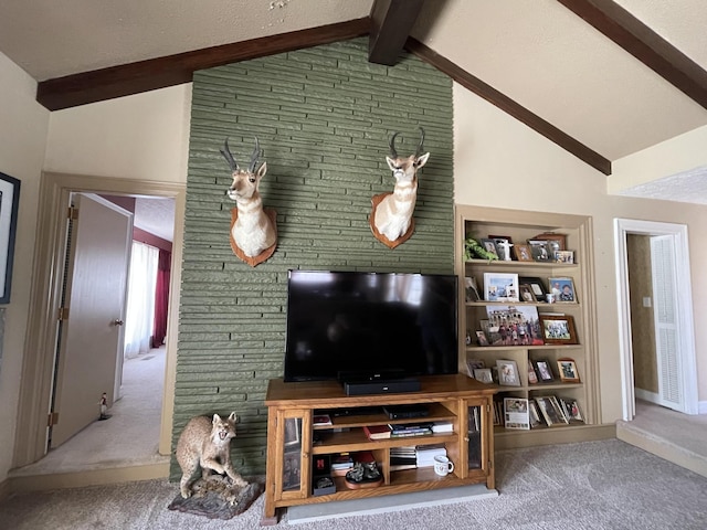 living room featuring built in features, beam ceiling, carpet, and high vaulted ceiling