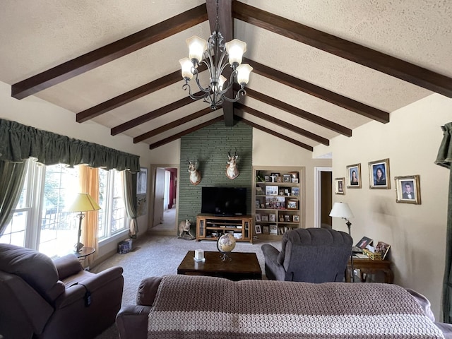 living room with a textured ceiling, carpet flooring, vaulted ceiling with beams, and a chandelier