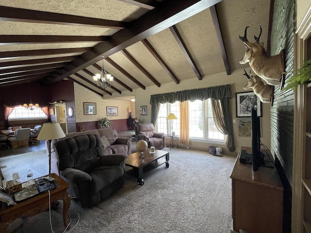 living room featuring a notable chandelier, a healthy amount of sunlight, and carpet