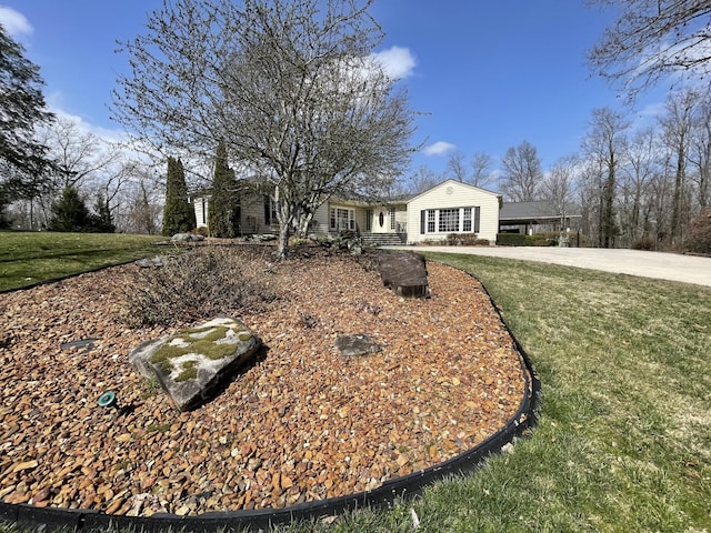 ranch-style house with driveway and a front lawn