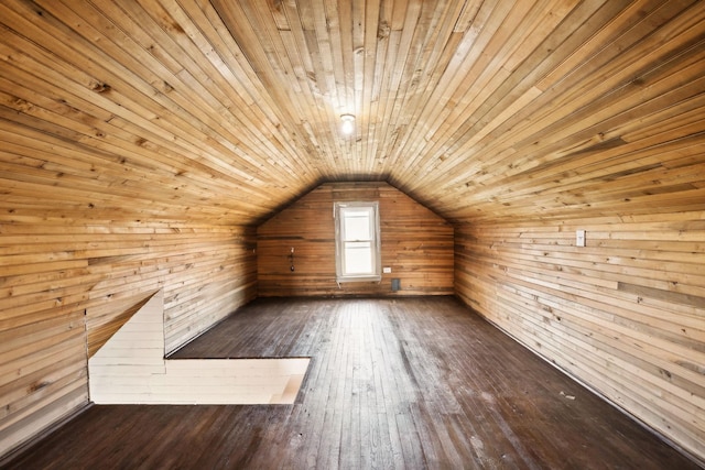 additional living space with vaulted ceiling, wood ceiling, dark wood-style flooring, and wood walls