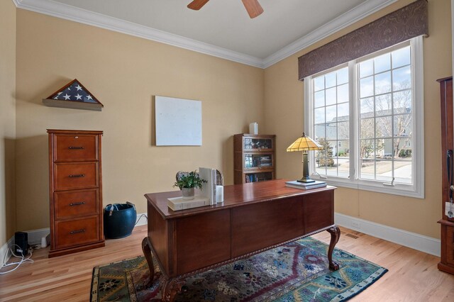 office space with baseboards, a ceiling fan, light wood-type flooring, and ornamental molding