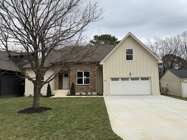 view of front facade featuring a garage, board and batten siding, concrete driveway, and a front lawn