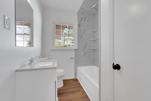 bathroom featuring toilet, a healthy amount of sunlight, wood finished floors, and vanity