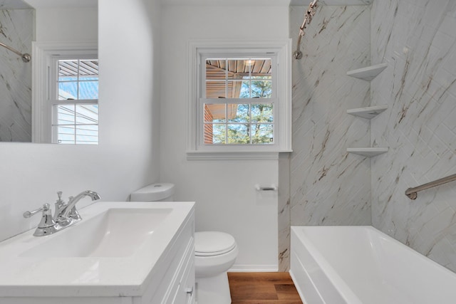 full bathroom with a wealth of natural light, toilet, vanity, and wood finished floors