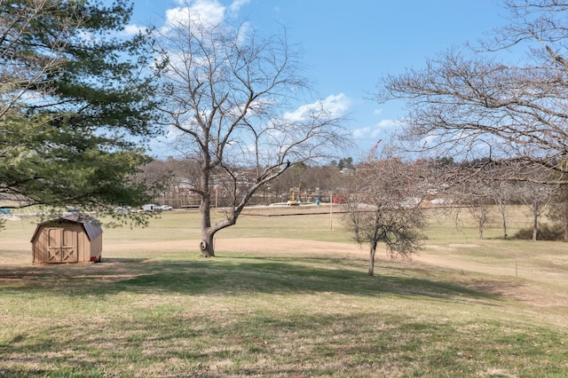 view of yard with an outbuilding and a storage shed