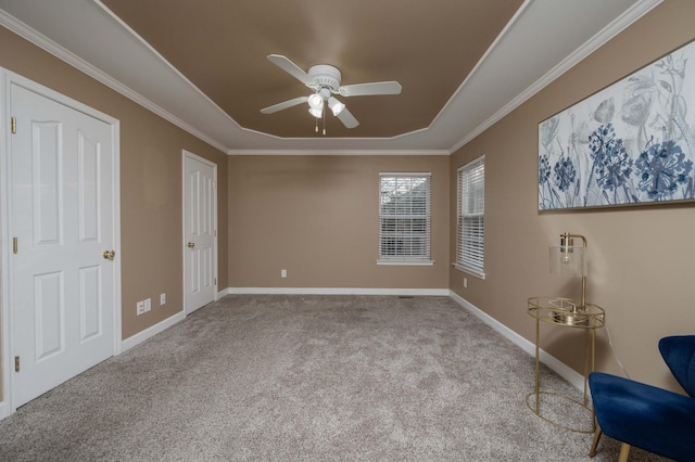 bedroom featuring carpet flooring, ceiling fan, crown molding, and baseboards