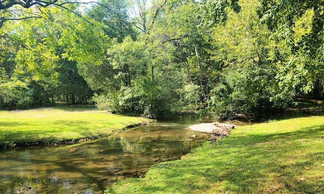 view of yard featuring a wooded view and a water view