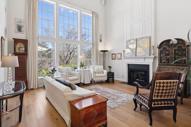 living area featuring a high ceiling, wood finished floors, a large fireplace, and a healthy amount of sunlight