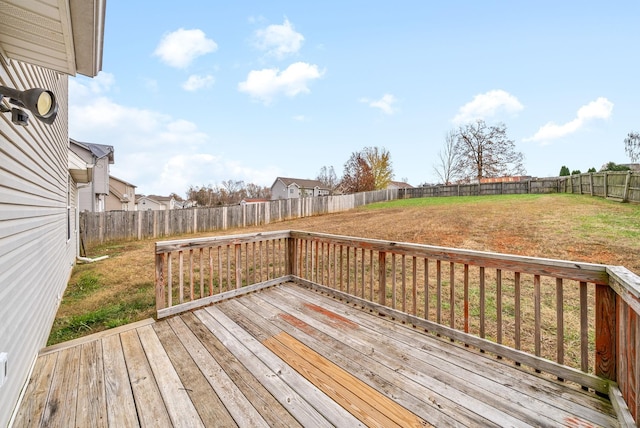 wooden terrace featuring a fenced backyard and a lawn