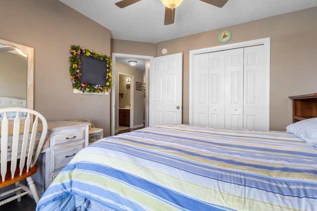 bedroom with a closet and a ceiling fan