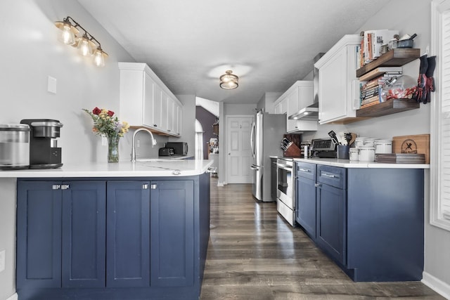 kitchen with dark wood-type flooring, blue cabinetry, a sink, appliances with stainless steel finishes, and light countertops