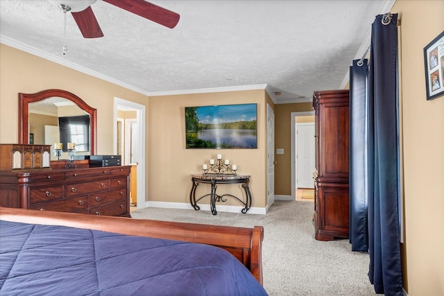 bedroom featuring baseboards, ornamental molding, light carpet, a textured ceiling, and a ceiling fan