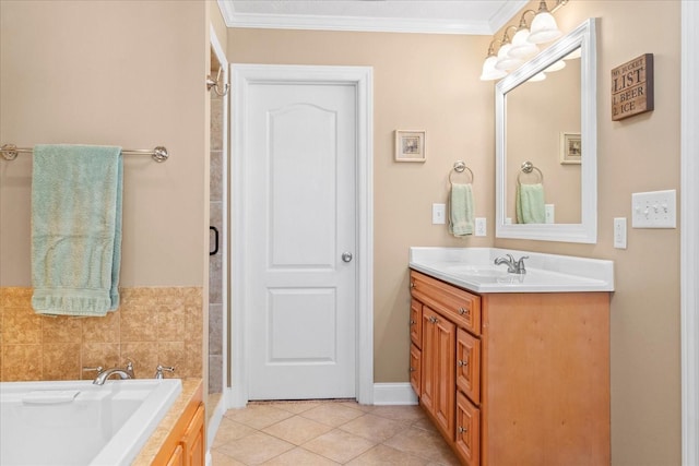 full bathroom featuring tile patterned flooring, vanity, a bath, and ornamental molding