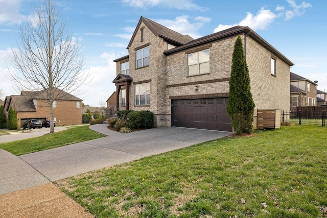 view of side of home with brick siding, a lawn, concrete driveway, and fence