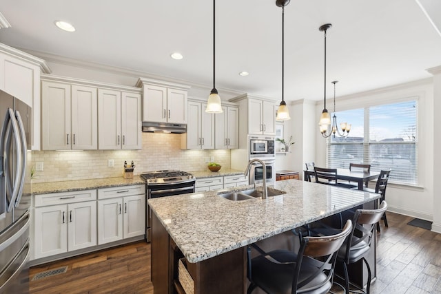 kitchen with ornamental molding, stainless steel appliances, under cabinet range hood, and a sink