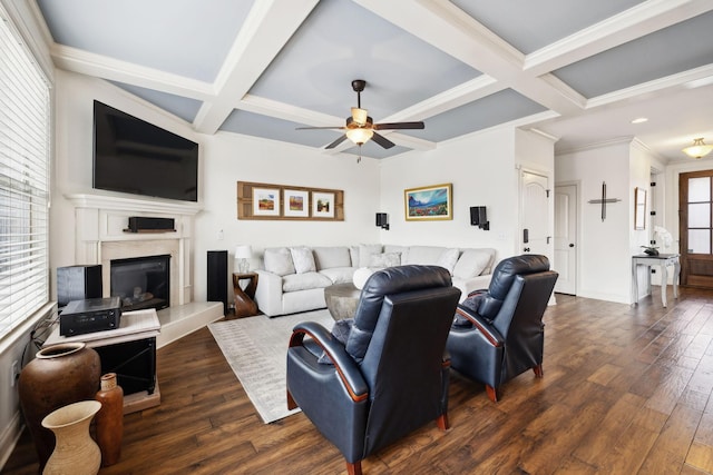 living area featuring beamed ceiling, coffered ceiling, dark wood-type flooring, and ceiling fan